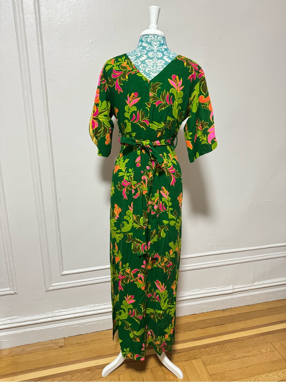 Ja-Na of Hawaii Vintage 70s Botanical Green Print Kimono Style Dress - Picture 12 of 15